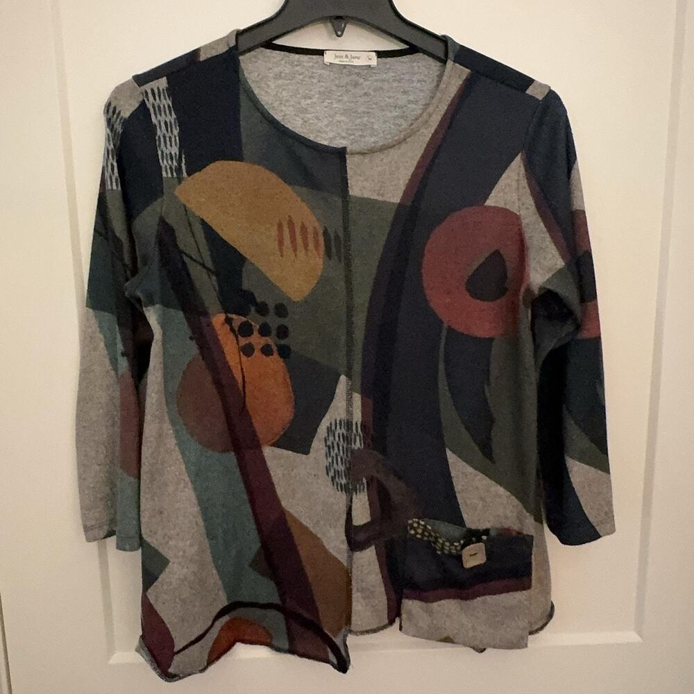 Jess & Jane Tunic T Shirt Sz M Multicolor Abstract Art Pocket Lagenlook Stylish